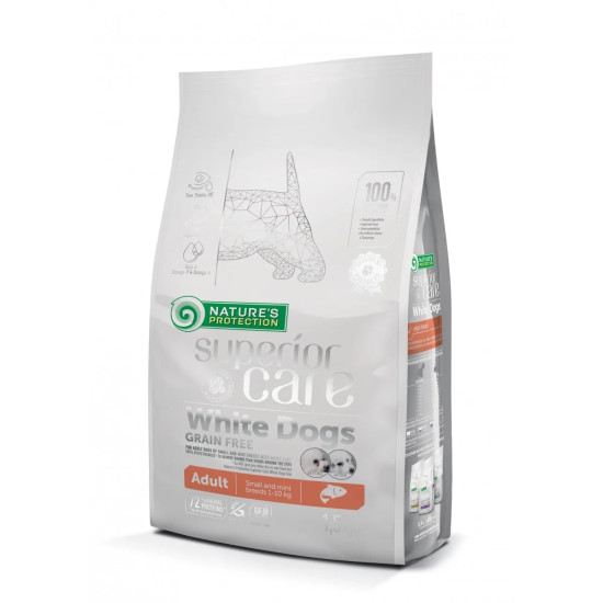 Superior Care White Dogs Small & Mini Breeds Adult Grain Free – hrană uscată fără cereale pentru câini adulți de talie mică și mini, cu somon, 1,5 kg